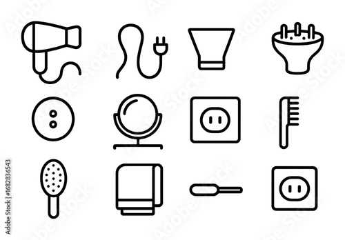 Hair Dryer Icon Set. Outline icon set of portable hair dryer on counter: compact hair dryer, power cord,