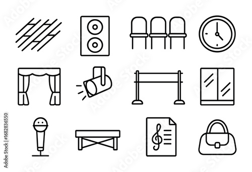 Dance Hall Icons. Outline icon set of dance rehearsal hall: wooden floor, sound system, chairs, clock, curtain