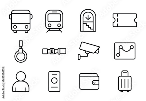 Transport Safety Icons. Outline icon set of public transport safety: bus, metro train, subway entrance, ticket