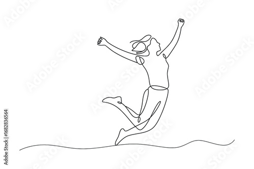 One Line Drawing of Happy Woman Jumping | Minimalist Joy and Freedom Concept Vector Illustration