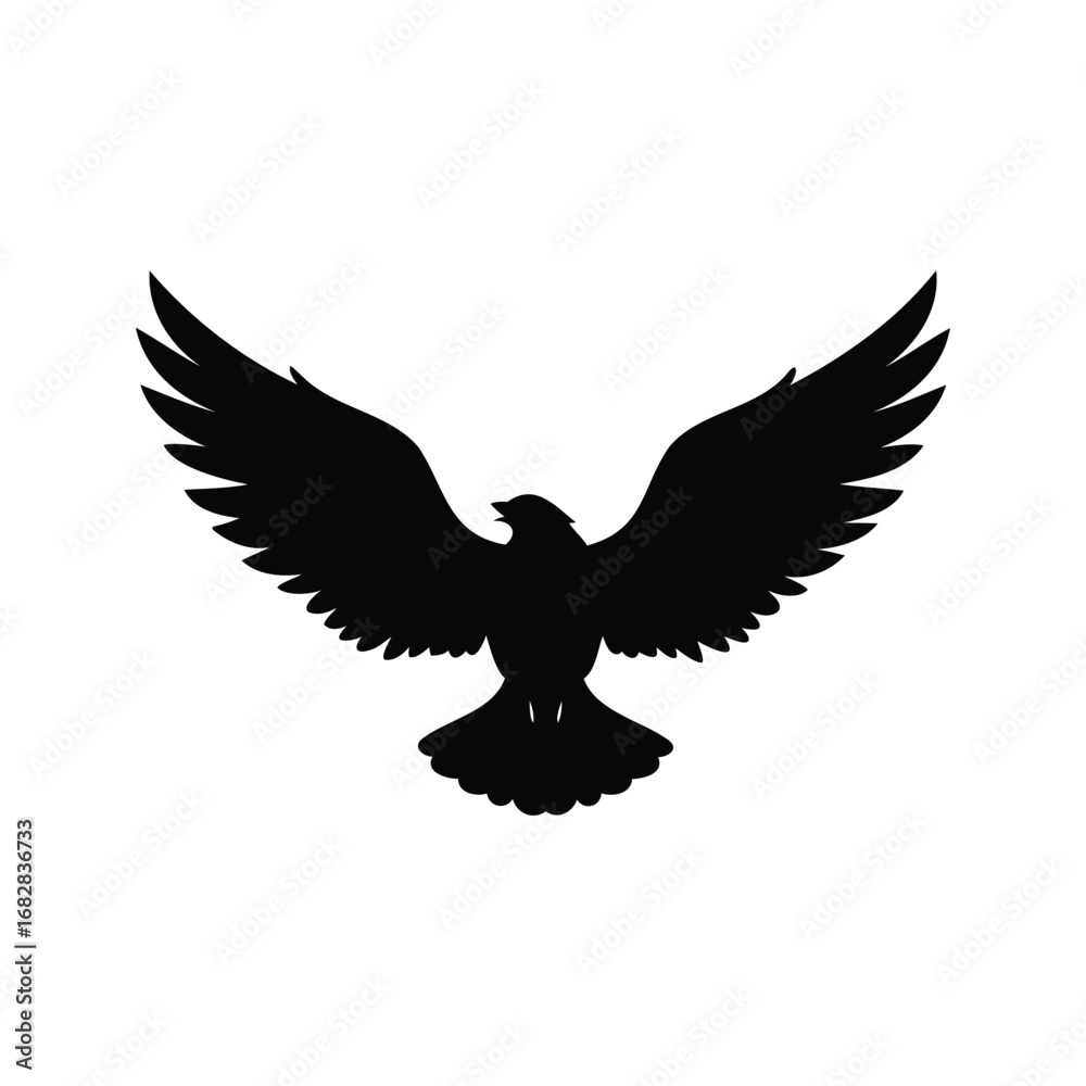 Fototapeta premium Silhouette of a powerful bird with outstretched wings against white background, hawk wings silhouette vector illustration