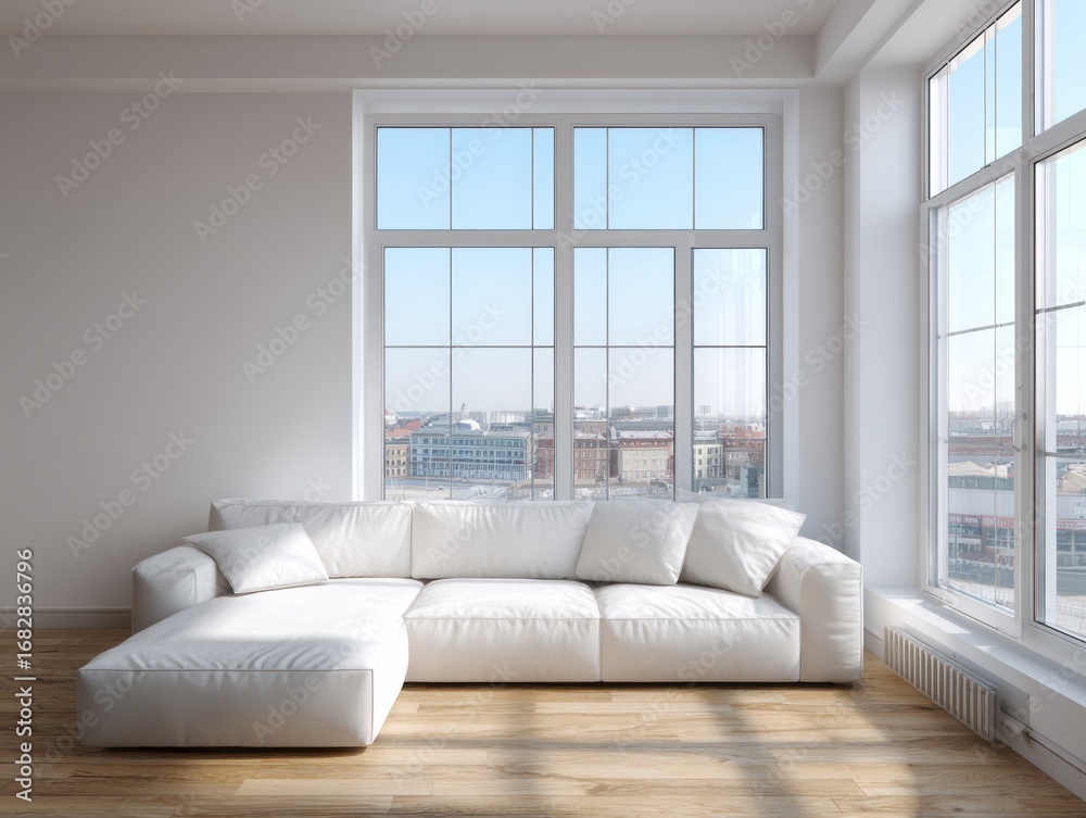 Fototapeta premium A bright, modern living room with large windows showcasing a city view, featuring a minimalist white sectional sofa and light-toned hardwood floors.