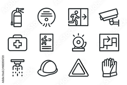 Hotel Safety Icons. Outline icon set of hotel safety measures: fire extinguisher, smoke detector, emergency