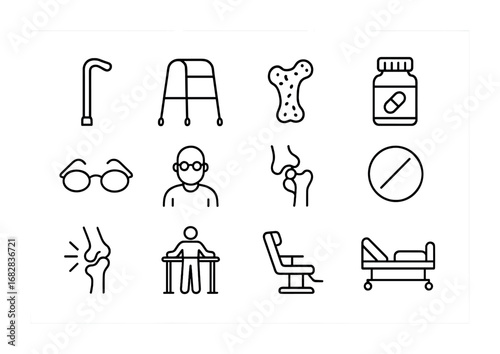 Elderly Care Icons. Outline icon set of elderly bone healing: cane, walker, osteoporosis bone, supplement