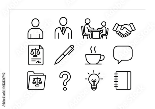 Legal Consultation Icons. Outline icon set of client consultation meetings: client figure, lawyer figure, desk