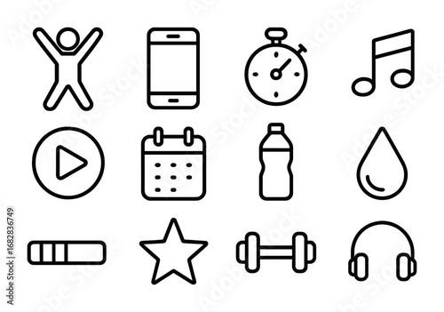 Aerobic Dance Icons. Outline icon set of aerobic dance classes: jumping figure, smartphone, stopwatch, music