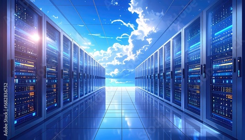 Data center corridor merges with a sky and clouds background, light flares at the left, creating an anime-style, surreal perspective