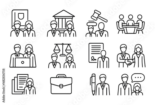 Legal Collaboration Icons. Outline icon set of lawyers collaborating with teams: law book, courthouse, gavel,