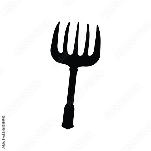 Isolated black silhouette of a spading fork with tines against white background, hay fork silhouette vector illustration
