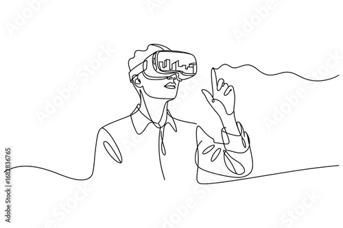 One Line Drawing of Man Wearing Virtual Reality Headset | Minimalist Gaming and Technology Concept Vector Illustration