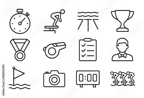 Diving Competition Icons. Outline icon set of diving competitions: stopwatch, diver silhouette, swimming lanes