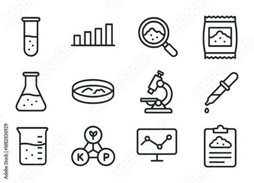 Soil Testing Icon Set. Outline icon set of soil testing: test tube, pH scale, magnifying glass, soil sample