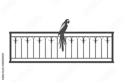 Parrot perched upon ornate wrought iron railing in detailed design