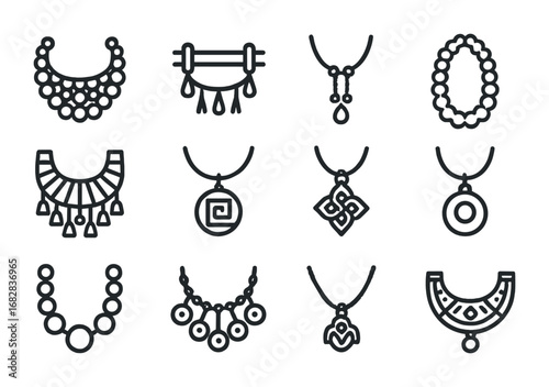 Cultural Necklace Icons. Outline icon set of cultural necklace styles: African beadwork, Native American