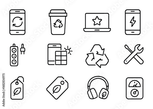 Eco-Friendly Tech Icons. Outline icon set of responsible electronics: refurbished phone, e-waste bin, energy