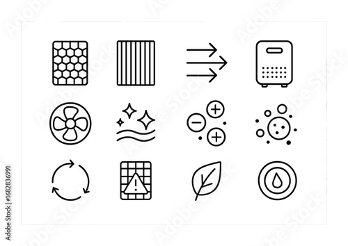 Air Purifier Icons. Outline icon set of air purification: carbon filter, HEPA filter, airflow arrows, purifier