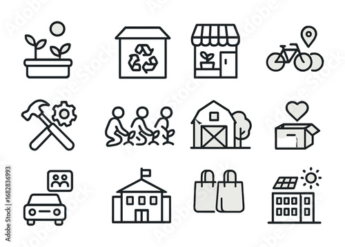 Community Sustainability Icons. Outline icon set of community sustainability: community garden, recycling hub,
