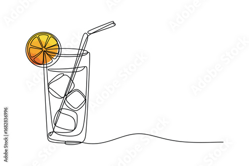 One Line Drawing of Refreshing Juice Glass with Straw and Slice | Minimalist Summer Drink Vector Illustration of Fresh Beverage