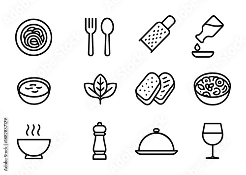 Pasta Icon Set. Outline icon set of pasta serving: pasta plate, fork and spoon, parmesan grater, olive oil