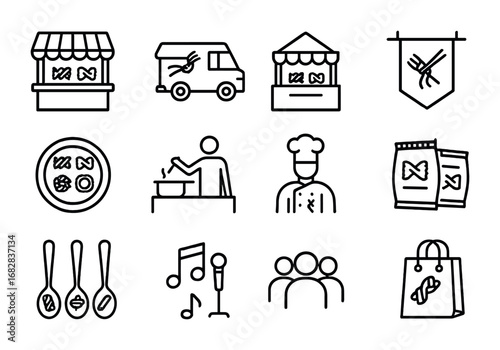 Pasta Festival Icons. Outline icon set of pasta festival and markets: pasta booth, food truck, market stall,