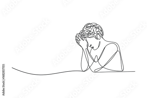 One Line Drawing of a Sad Woman with Head in Hands | Minimalist Emotional Stress and Mental Health Concept Illustration
