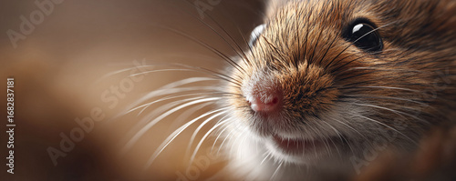 Intimate closeup of a wild mouse, emphasizing texture and detail. Evokes curiosity, vulnerability, and the beauty of nature. Ideal for wildlife, science or pet projects.