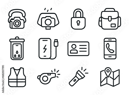 Photography Travel Safety Icons. Outline icon set of photography travel safety: camera strap, rain cover, lock