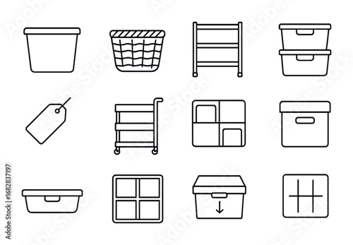Storage Solutions Icons. Outline icon set of storage solutions: plastic bin, wicker basket, metal rack,