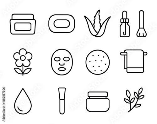 Natural Skincare Icons. Outline icon set of natural skincare: face cream, soap, aloe leaf, dropper bottle,
