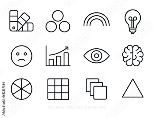 Color Psychology Icons. Outline icon set of color psychology in branding: palette, circle swatches, rainbow