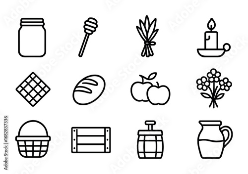 Rustic Farmhouse Icons. Outline icon set of rustic farmhouse baskets: mason jar, honey dipper, herbs bundle,