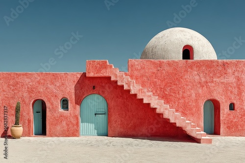 Coral-hued building, desert setting