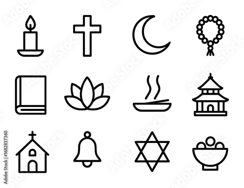 Religious Symbol Icons. Outline icon set of religious traditions: candle, cross, crescent moon, prayer beads,