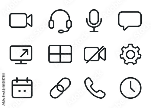 Video Conferencing Icons. Outline icon set of video conferencing platforms: video camera, headset, microphone,