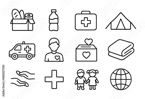 Humanitarian Aid Icons. Outline icon set of humanitarian aid: food box, water bottle, medicine kit, shelter
