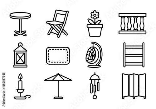 Balcony Icon Set. Outline icon set of balcony spaces: small table, folding chair, flower pot, railing, lantern