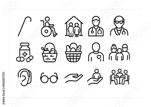 Senior Support Icon Set. Outline icon set of senior and elderly support: cane, wheelchair, retirement home,
