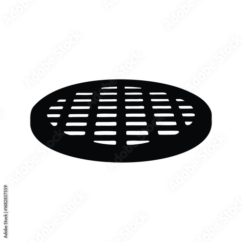 Black and white illustration of an oval sewer or drain grate cover, manhole cover silhouette vector illustration