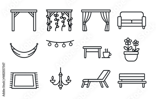 Pergola Space Icons. Outline icon set of pergola spaces: wooden pergola, climbing vines, curtains, outdoor