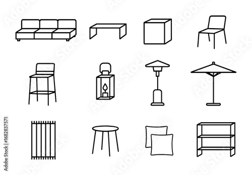 Modern Outdoor Furniture Icons. Outline icon set of modern outdoor furniture: modular sofa, coffee table, cube