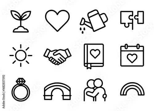 Relationship Growth Icons. Outline icon set of relationship growth: plant, heart, watering can, puzzle, sun,