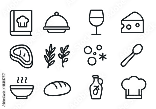 Gourmet Recipes Icon Set. Outline icon set of gourmet recipes: cookbook, cloche, wine glass, cheese wedge,