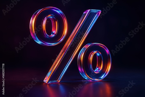 3 D render of a transparent glass percentage symbol with neon lighting percent sign