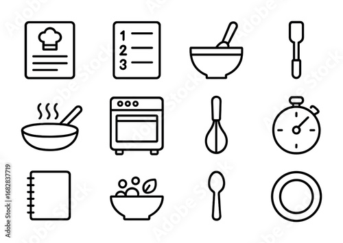 Cooking Icons Grid. Outline icon set of step-by-step cooking: recipe card, numbered list, mixing bowl, spatula
