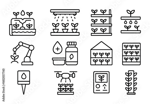 Vertical Farming Icons. Outline icon set of vertical farming: hydroponic system, LED grow light, stacked