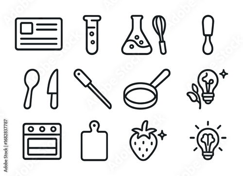 Experimental Cooking Icons. Outline icon set of experimental cooking: recipe card, test tube, flask, whisk,