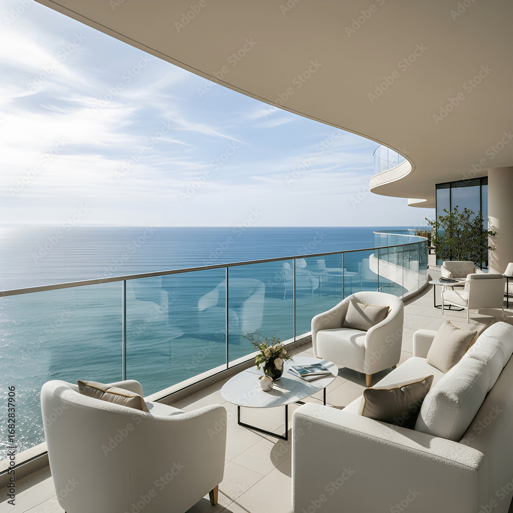 Fototapeta premium Luxurious modern balcony with comfortable white armchairs offering a serene panoramic ocean view