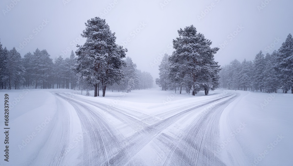 Fototapeta premium Snowy winter road fork in a forest