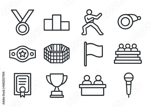 Martial Arts Icons. Outline icon set of martial arts tournaments: medal, podium, fighter pose, referee whistle
