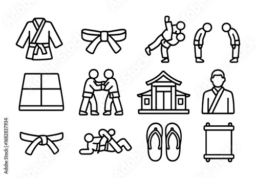 Judo Icons Collection. Outline icon set of judo: gi, black belt, throw, tatami mat, bow icon, grip, dojo,